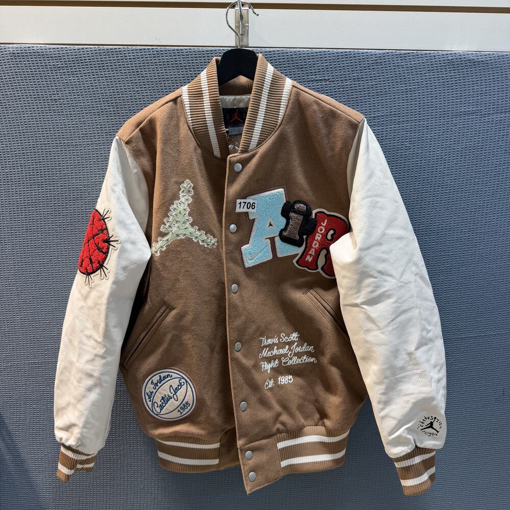 Travis Scott x Jordan Antique‎ Brown Varsity Jacket Unisex Sz S Brand New
